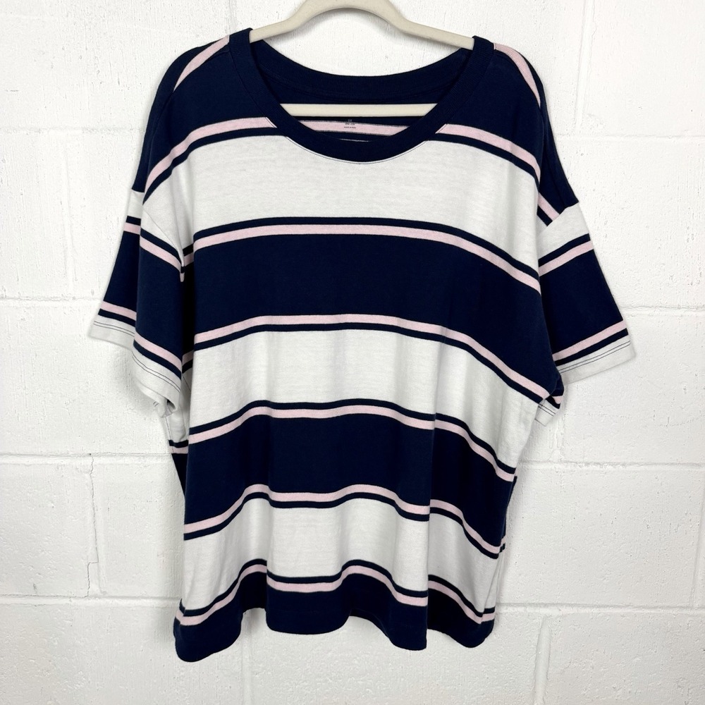 Lands End‎ Womens Top Plus Size 2X Blue Pink Stripe Boxy Cotton Preppy Casual